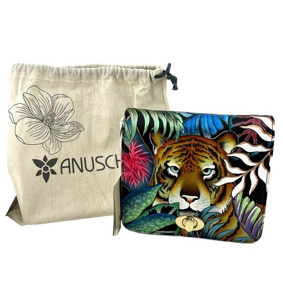 NWT Anuschka Hand Painted Tiger Crossbody Purse Genuine Leather Jungle Colorful - Picture 1 of 13